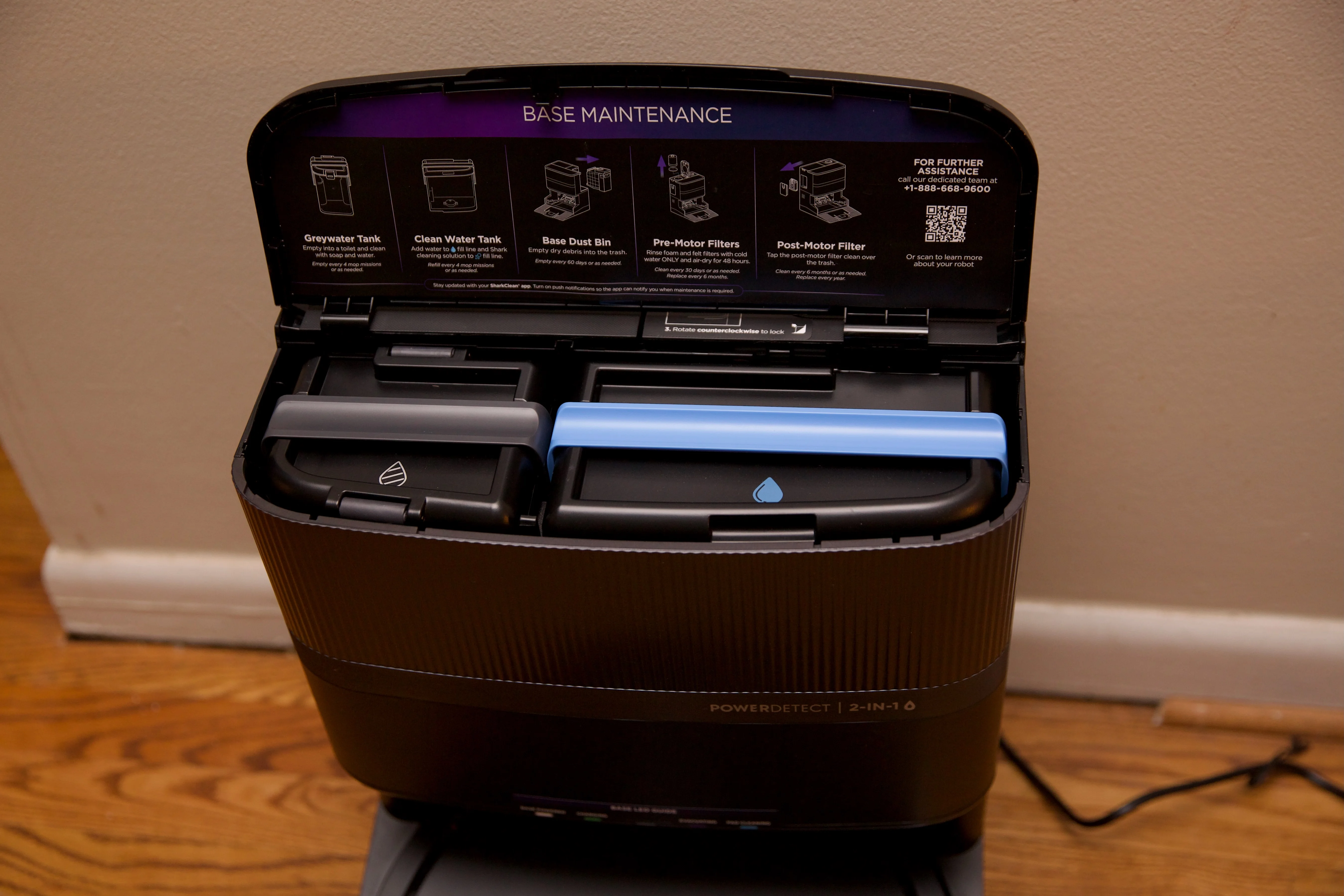 <em>The base holds a smaller wastewater tank and large clean water tank.</em>