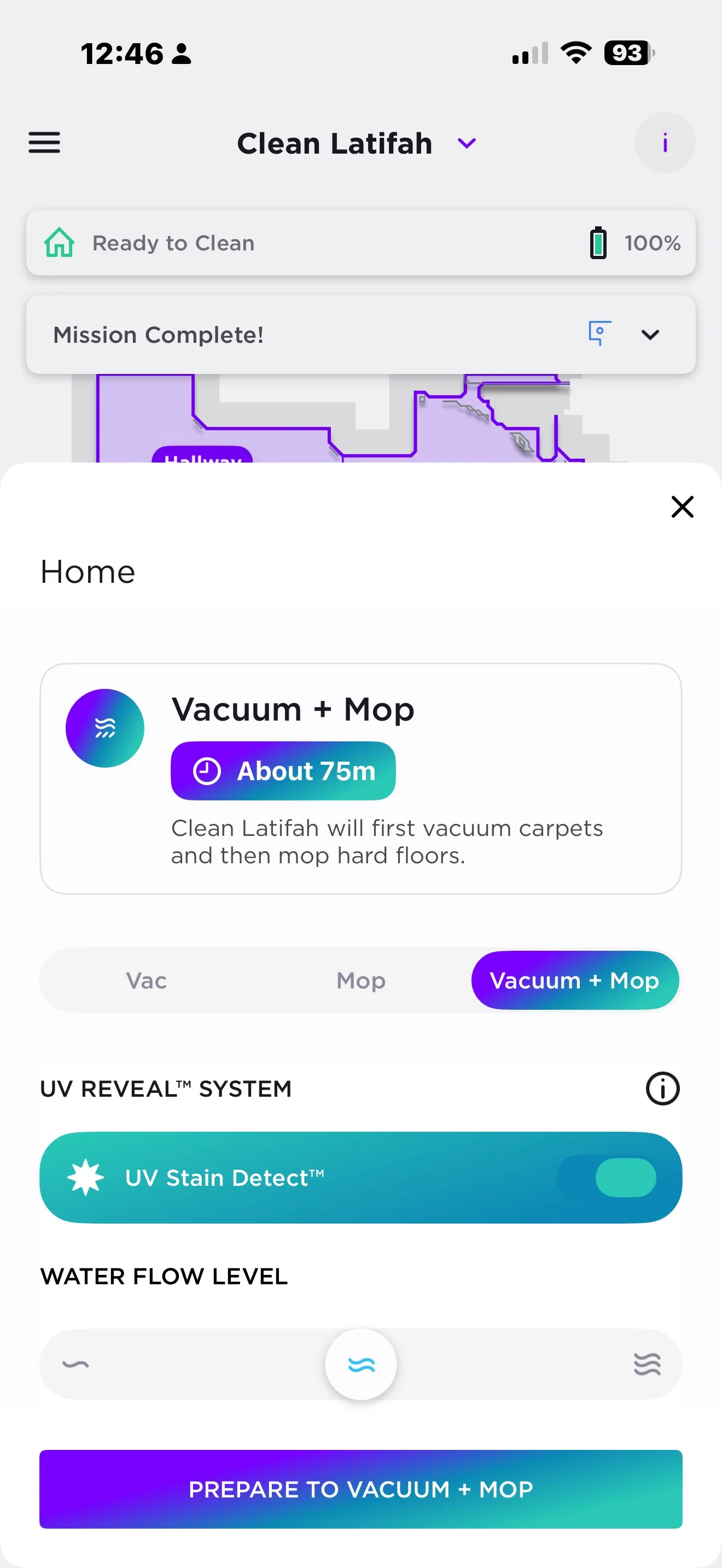 <em>The app gives you three options for cleaning: vacuum, mop, and vac and mop. The last two have the option to use UV stain detection, which you can toggle off.</em>