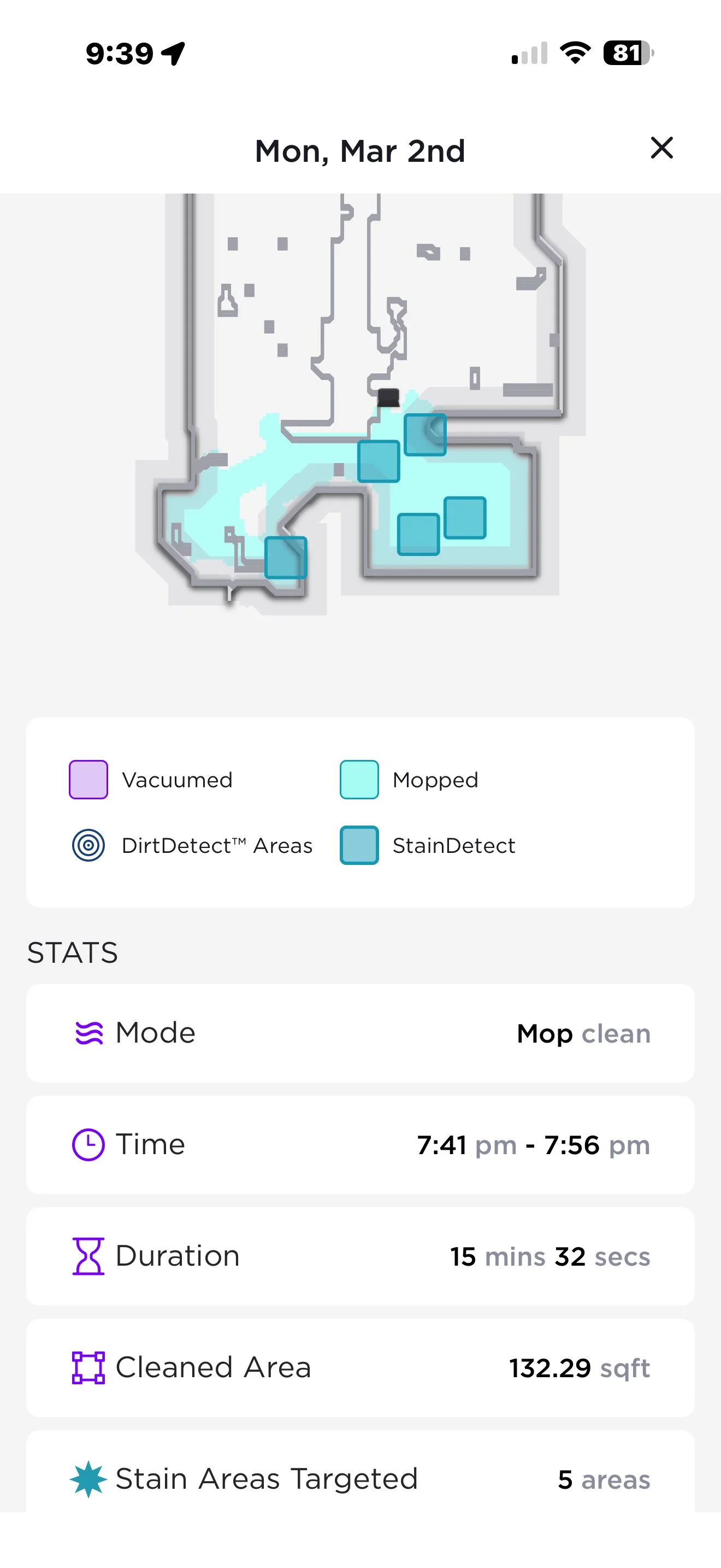 <em>After a cleaning, a report shows you where the robot identified stains.</em>