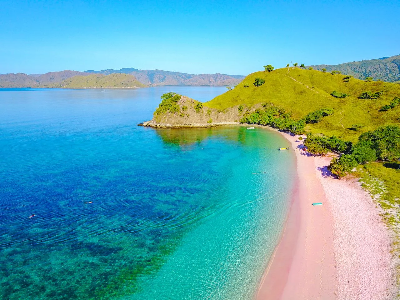 Aerial view of beautiful pink beach at Flores Island