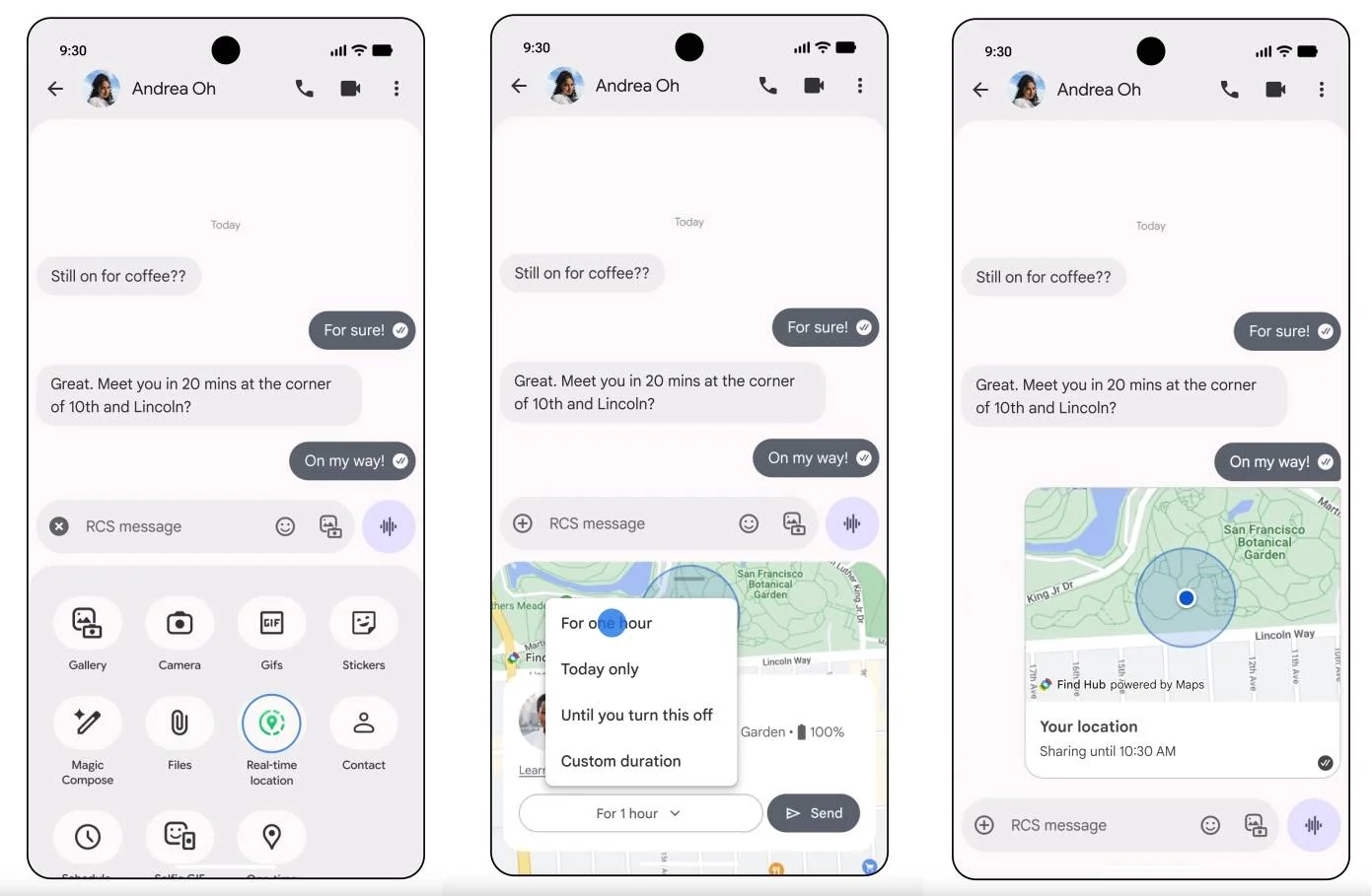 Screenshots highlighting Google Messages' location sharing.