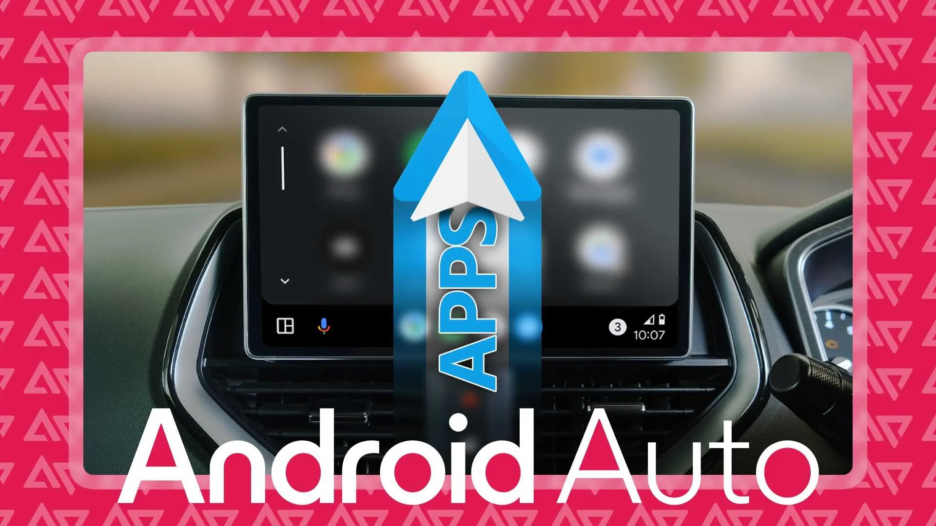 Car dashboard displaying Android Auto interface with overlay of logo labeled 'APPs' pointing upwards