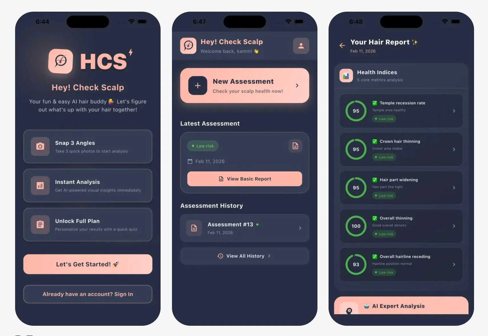 three screens of HeyCheckScalp app