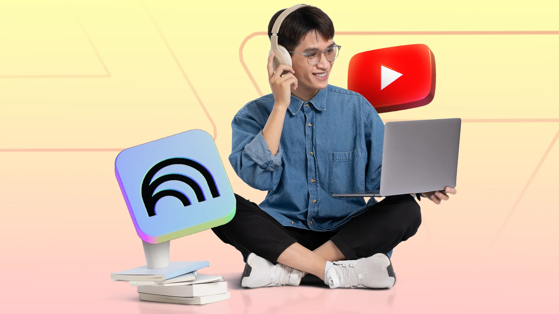 A young man using a laptop and headphones, sitting between a floating YouTube and NotebookLM logos.