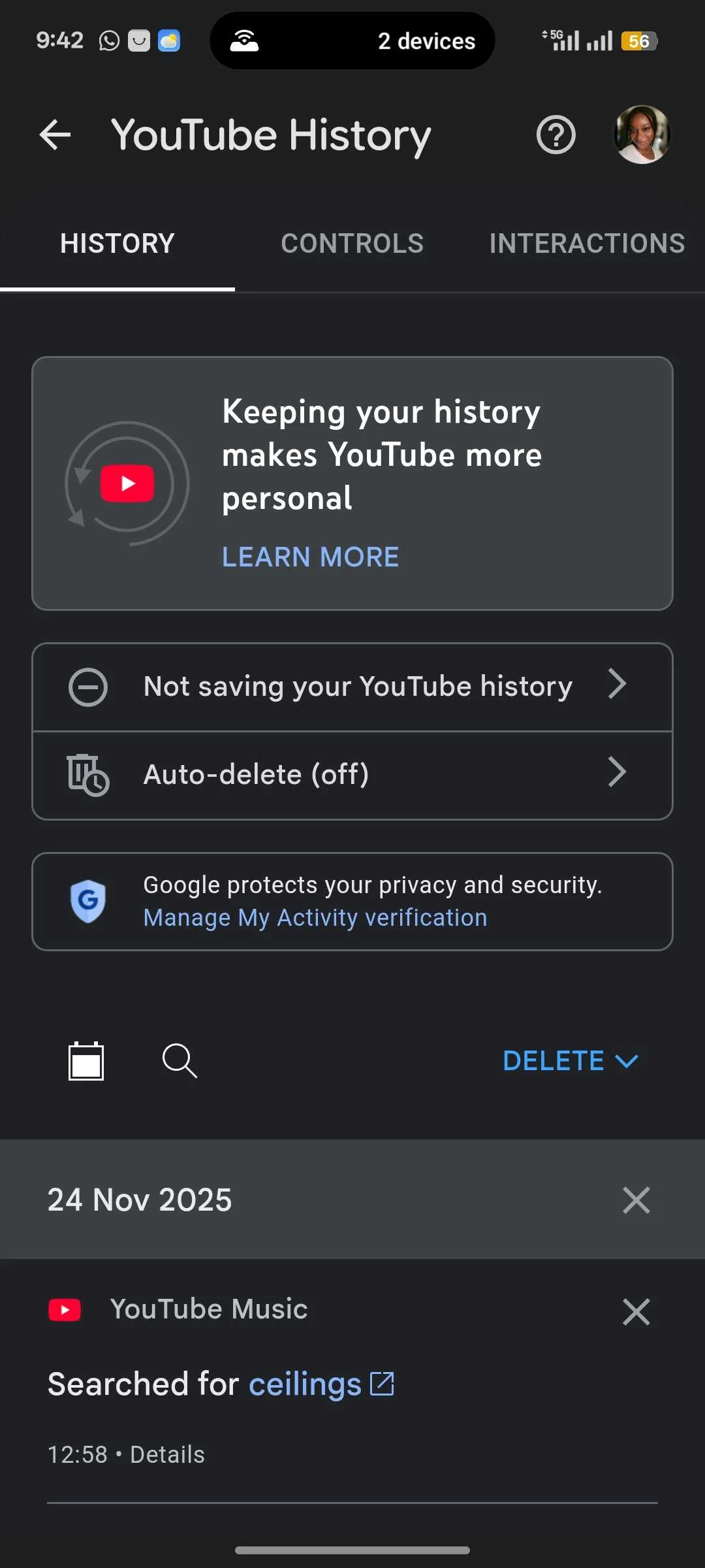 YouTube History menu showing settings for managing and deleting past watched videos
