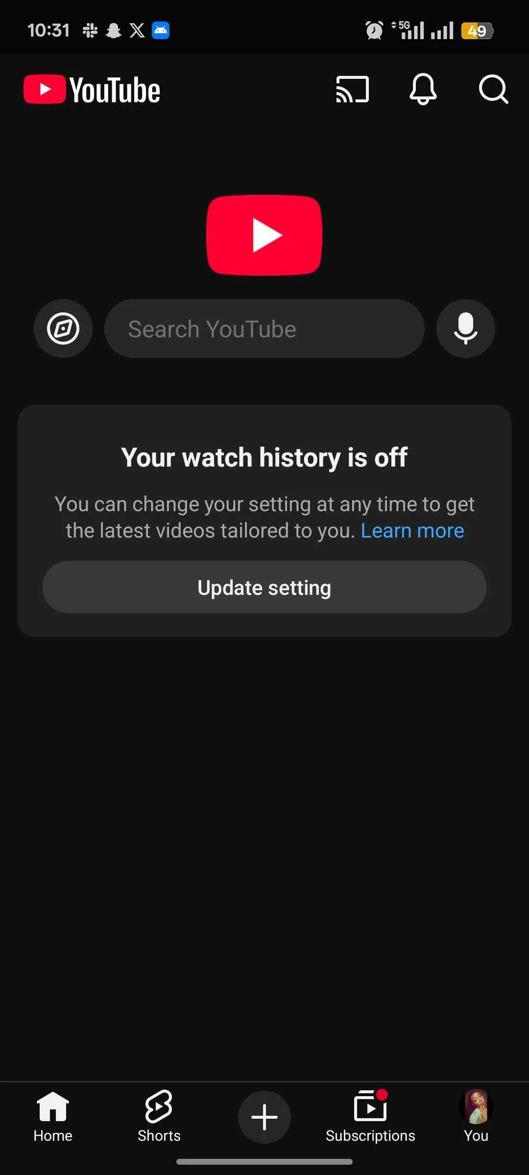 Empty YouTube homepage prompting user to turn on watch history to see videos= recommendations