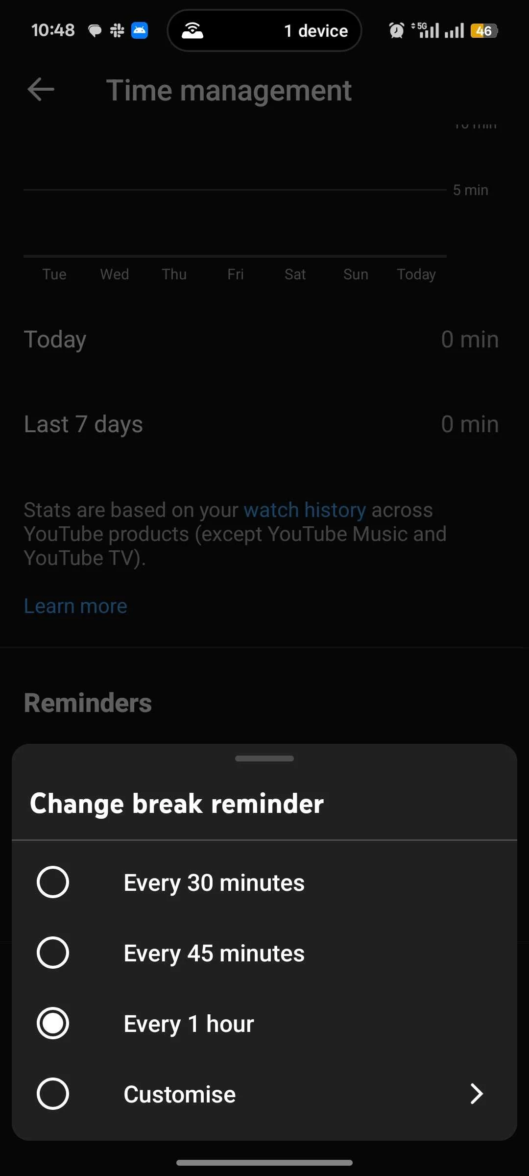 30 minutes to one hour and custom options for setting a break reminder on YouTube
