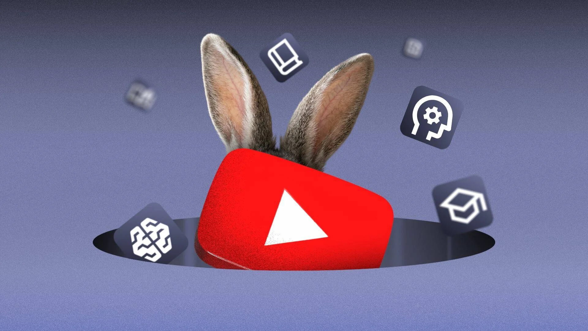 Rabbit ears peeking out behind YouTube logo inside a hole and surrounded by multiple icons