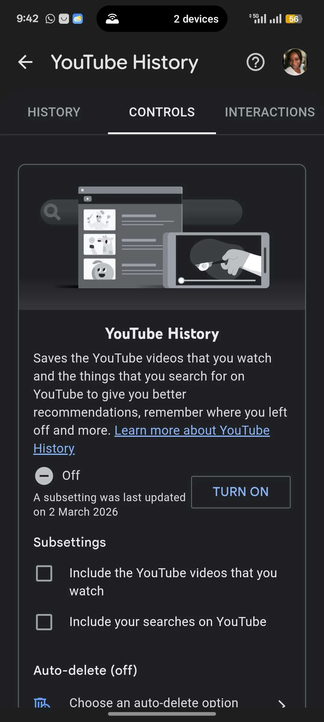 YouTube History menu showing disabled history setting